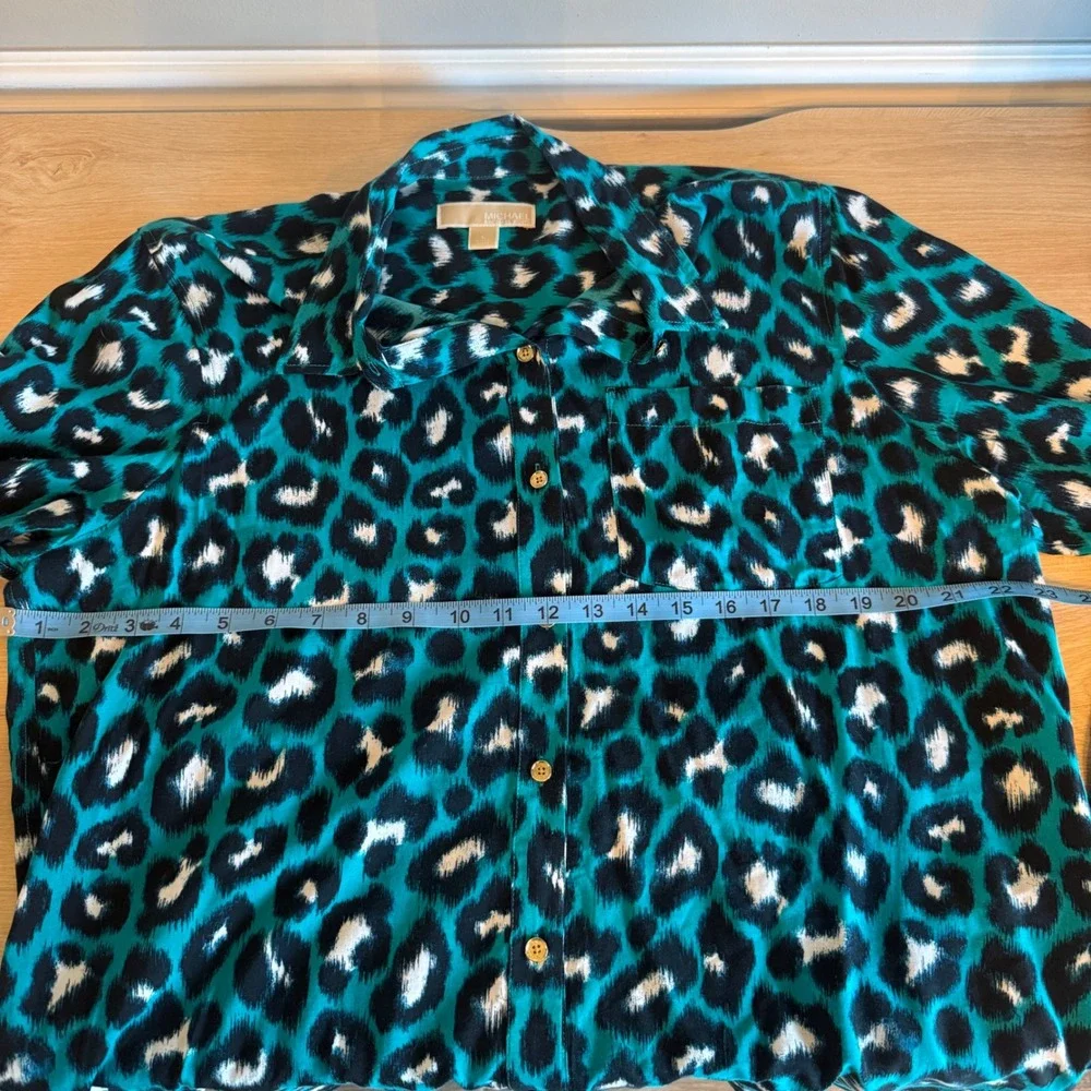 Michael‎ Kors Womens Teal Leopard Print Button Down Short Sleeve Blouse Large